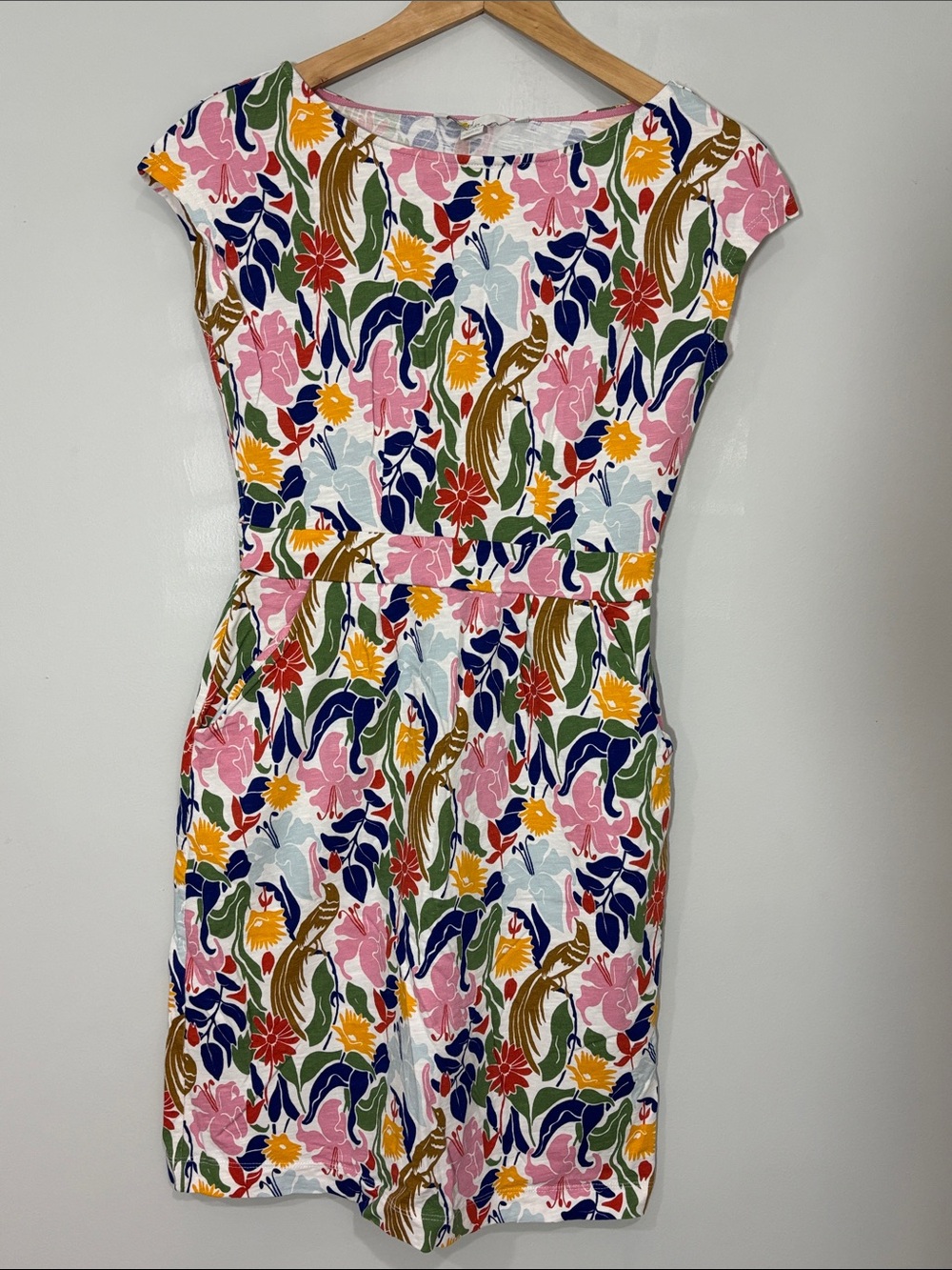 Boden Floral Cap-Sleeve Mini Dress in Pink, Navy and Yellow Sz 2